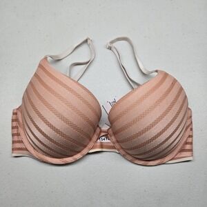 Victoria's Secret Women Bra 32D Orange Striped T Shirt Underwired Lightly Lined